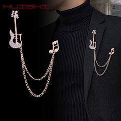 HUISHI Rhinestone Brooch Korean Luxury Rhinestone Music Note Brooch Guitar Tassel Chain Lapel Pins Men's Suit Buckle Pin For Men