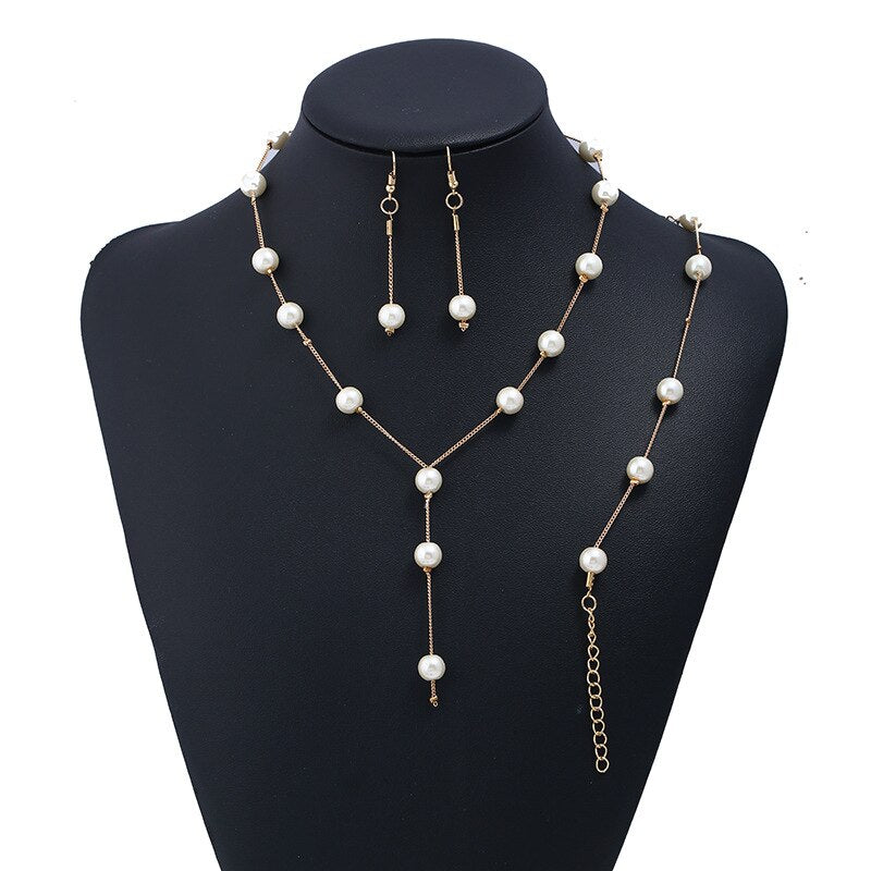 Vintage Simulated Pearl Jewelry Sets for Women 2023 Fashion Flower Statement Necklace and Earring Set Wedding Party Accessories