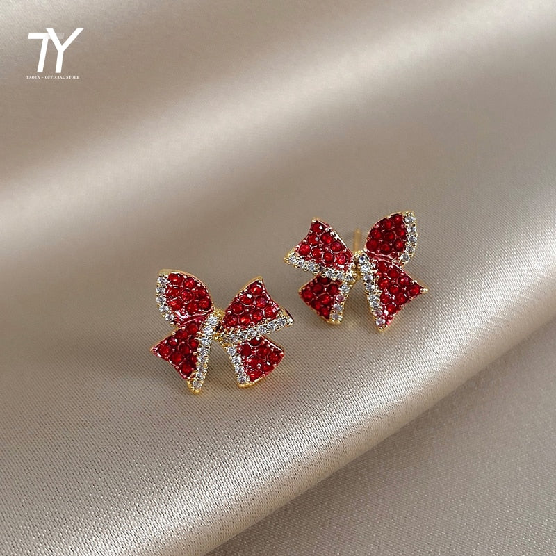 Christmas Gift Sexy Red Stone Bow Stud Earrings For Woman 2023 New Korean Fashion Jewelry Gothic Accessories Party Girl's Unusual Earrings