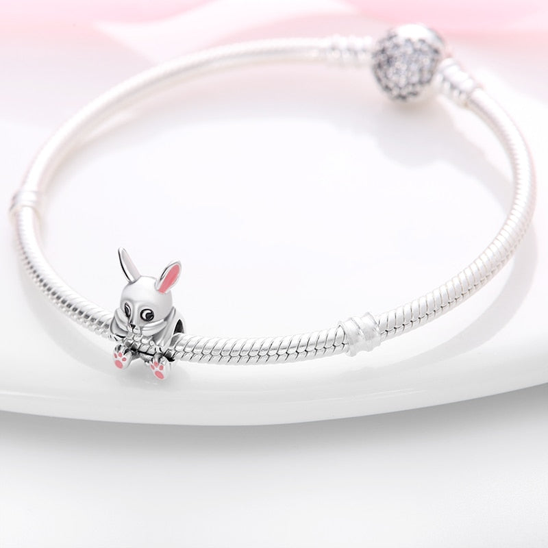 Silver Color Sitting Pet Rabbit Beads Fit Original Pandach Bracelet women plata de ley Silver Color pendant bead diy jewelry