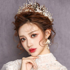 Aveuri Korean Wedding Hair Accessories Bridal Ornaments Jewelry Metal Crystal Gold Headband Girls Tiara Crown Hairband With Earrings