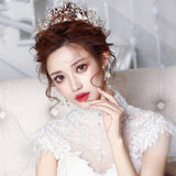 Aveuri Korean Wedding Hair Accessories Bridal Ornaments Jewelry Metal Crystal Gold Headband Girls Tiara Crown Hairband With Earrings