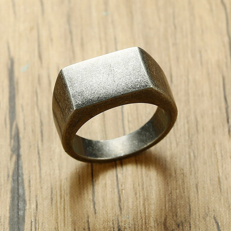 Square Band Flat Top Men's Signet Ring Oxidized Silver Color Stainless Steel Vintage Rustic Male Jewelry