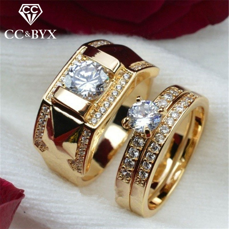 Christmas Gift Rings For Women And Men Fashion Lovers' Set Ring Cubic Zirconia Yellow Gold Color Wedding Engagement Accessories CC2095