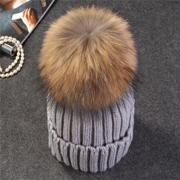 Christmas Gift Xthree Natural Mink Fur Winter Hat for Women Girl 's Hat Knitted Beanies Hat With Pom Pom Brand Thick Female Cap Skullies Bonnet