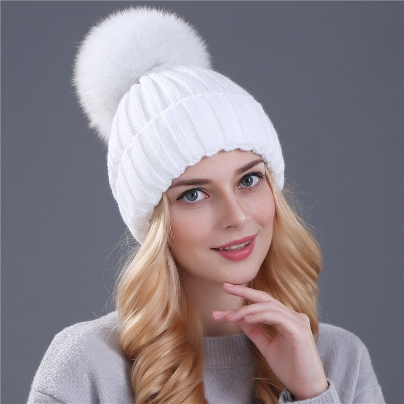 Christmas Gift Xthree Natural Mink Fur Winter Hat for Women Girl 's Hat Knitted Beanies Hat With Pom Pom Brand Thick Female Cap Skullies Bonnet