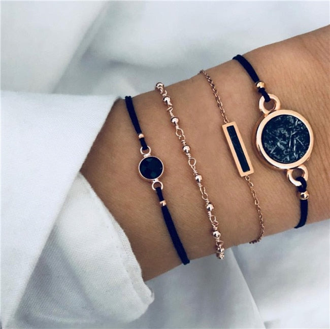 AVEURi 2023 Bohemian Black Beads Chain Bracelets Bangles For Women Fashion Heart Compass Gold Color Chain Bracelets Sets Jewelry Gifts