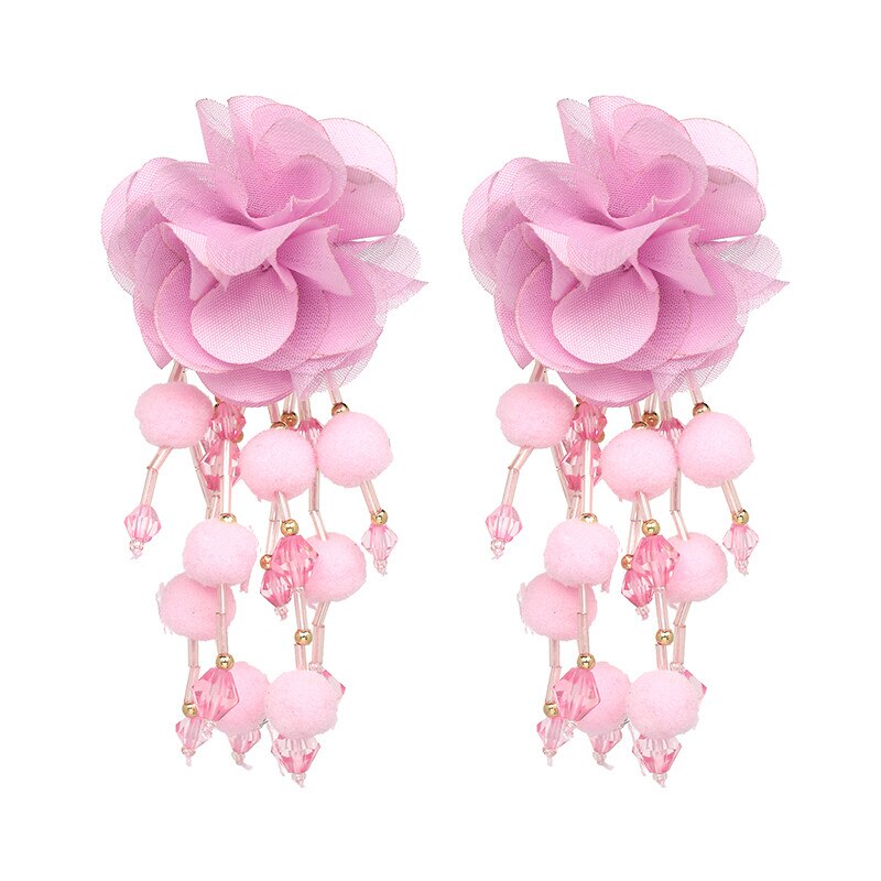 AVEURI  Bohemian Long Flower Earrings Pom Pom Big Statement Earrings Fringe Drop Earrings Women Jewelry