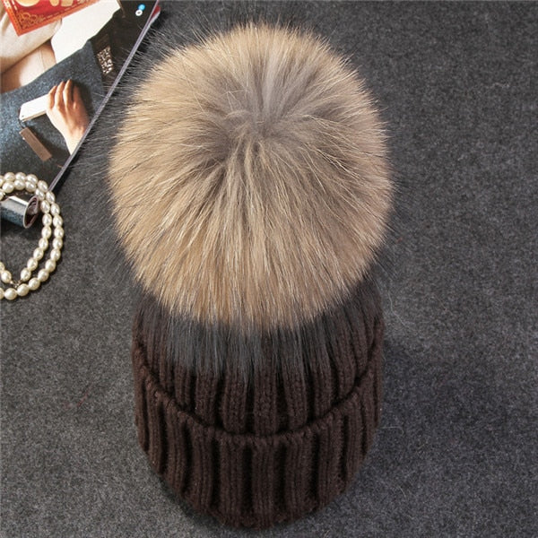 Christmas Gift Xthree Natural Mink Fur Winter Hat for Women Girl 's Hat Knitted Beanies Hat With Pom Pom Brand Thick Female Cap Skullies Bonnet