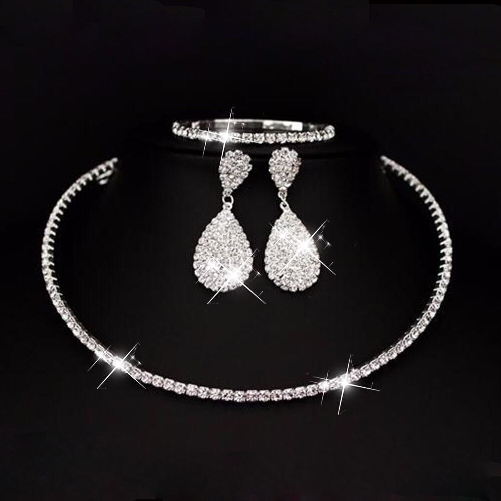 Graduation gift Luxury Crystal Bridal Jewelry Sets Classic Rhinestone Necklace Earrings Bracelet Wedding Jewelry Set For Women