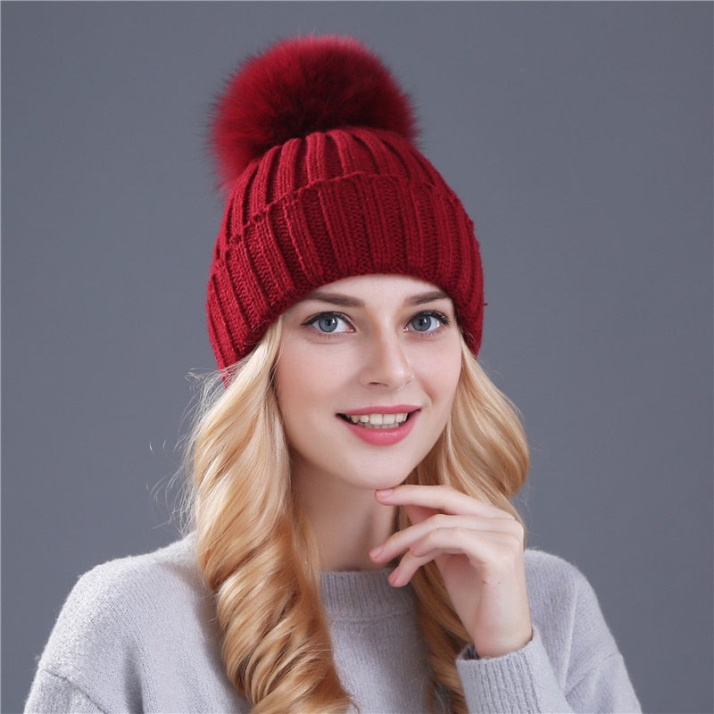 Christmas Gift Xthree Natural Mink Fur Winter Hat for Women Girl 's Hat Knitted Beanies Hat With Pom Pom Brand Thick Female Cap Skullies Bonnet