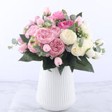 Aveuri 30cm Rose Pink Silk Peony Artificial Flowers Bouquet 5 Big Head and 4 Bud Cheap Fake Flowers for Home Wedding Decoration indoor