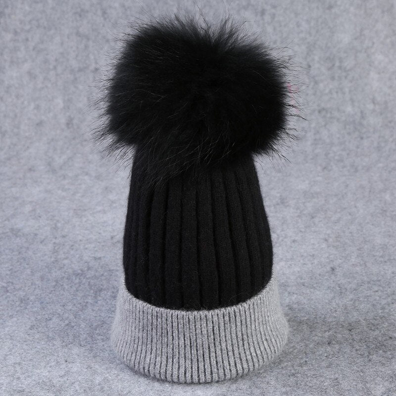 Christmas Gift winter wool knitted hat beanies real mink fur pom poms Skullies hat for women girls hat feminino