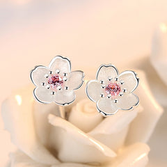 Christmas Gift Cherry Flower Blossoms Flower Crystal Stud Earrings Silver Color Ear Studs Women's Fine Jewelry Mother's day Birthday Gift