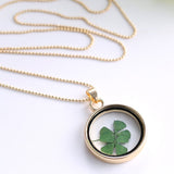Christmas Gift Handmade Natural Real Dried Flower Lucky Four Leaf Clover Resin Round Glass 35MM Locket Pendant Necklace For Women Jewelry