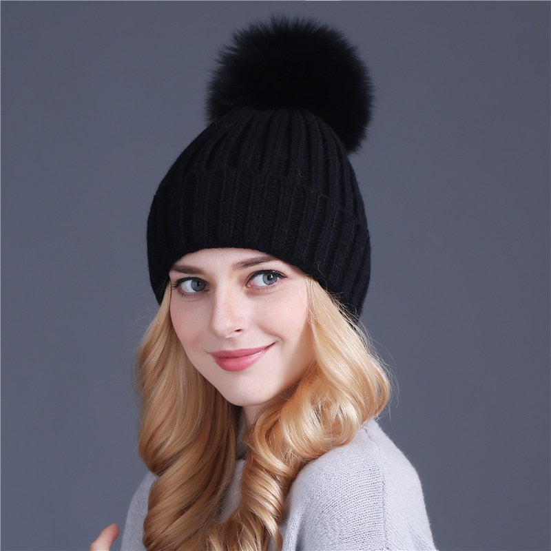 Christmas Gift Xthree Natural Mink Fur Winter Hat for Women Girl 's Hat Knitted Beanies Hat With Pom Pom Brand Thick Female Cap Skullies Bonnet