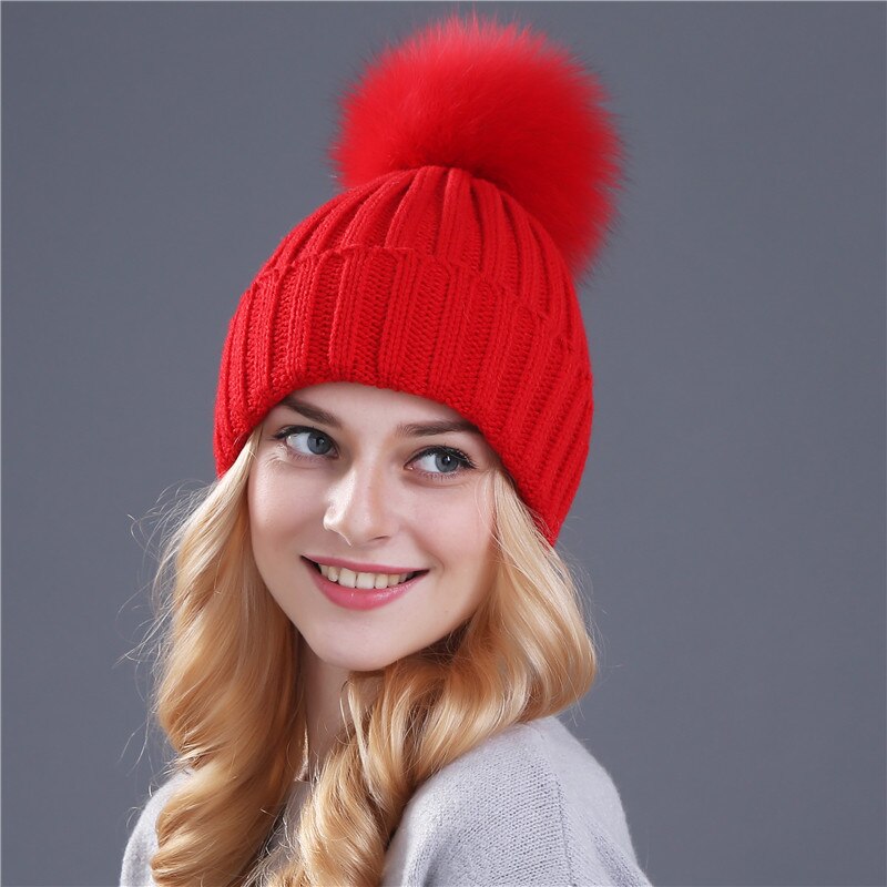 Christmas Gift Xthree Natural Mink Fur Winter Hat for Women Girl 's Hat Knitted Beanies Hat With Pom Pom Brand Thick Female Cap Skullies Bonnet