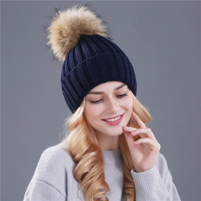 Christmas Gift Xthree Natural Mink Fur Winter Hat for Women Girl 's Hat Knitted Beanies Hat With Pom Pom Brand Thick Female Cap Skullies Bonnet