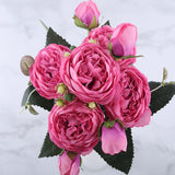 Aveuri 30cm Rose Pink Silk Peony Artificial Flowers Bouquet 5 Big Head and 4 Bud Cheap Fake Flowers for Home Wedding Decoration indoor