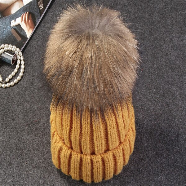 Christmas Gift Xthree Natural Mink Fur Winter Hat for Women Girl 's Hat Knitted Beanies Hat With Pom Pom Brand Thick Female Cap Skullies Bonnet