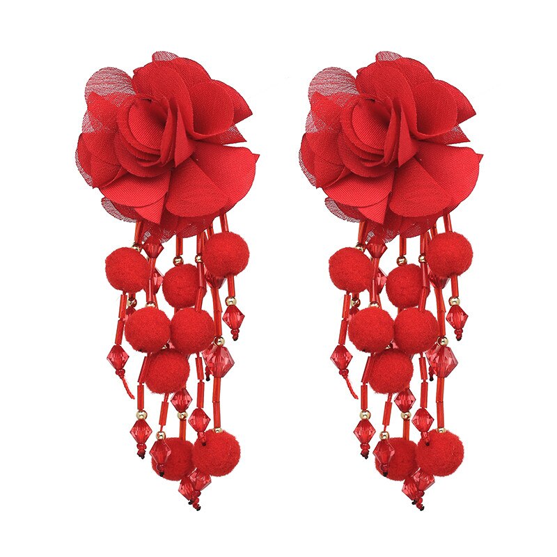 AVEURI  Bohemian Long Flower Earrings Pom Pom Big Statement Earrings Fringe Drop Earrings Women Jewelry