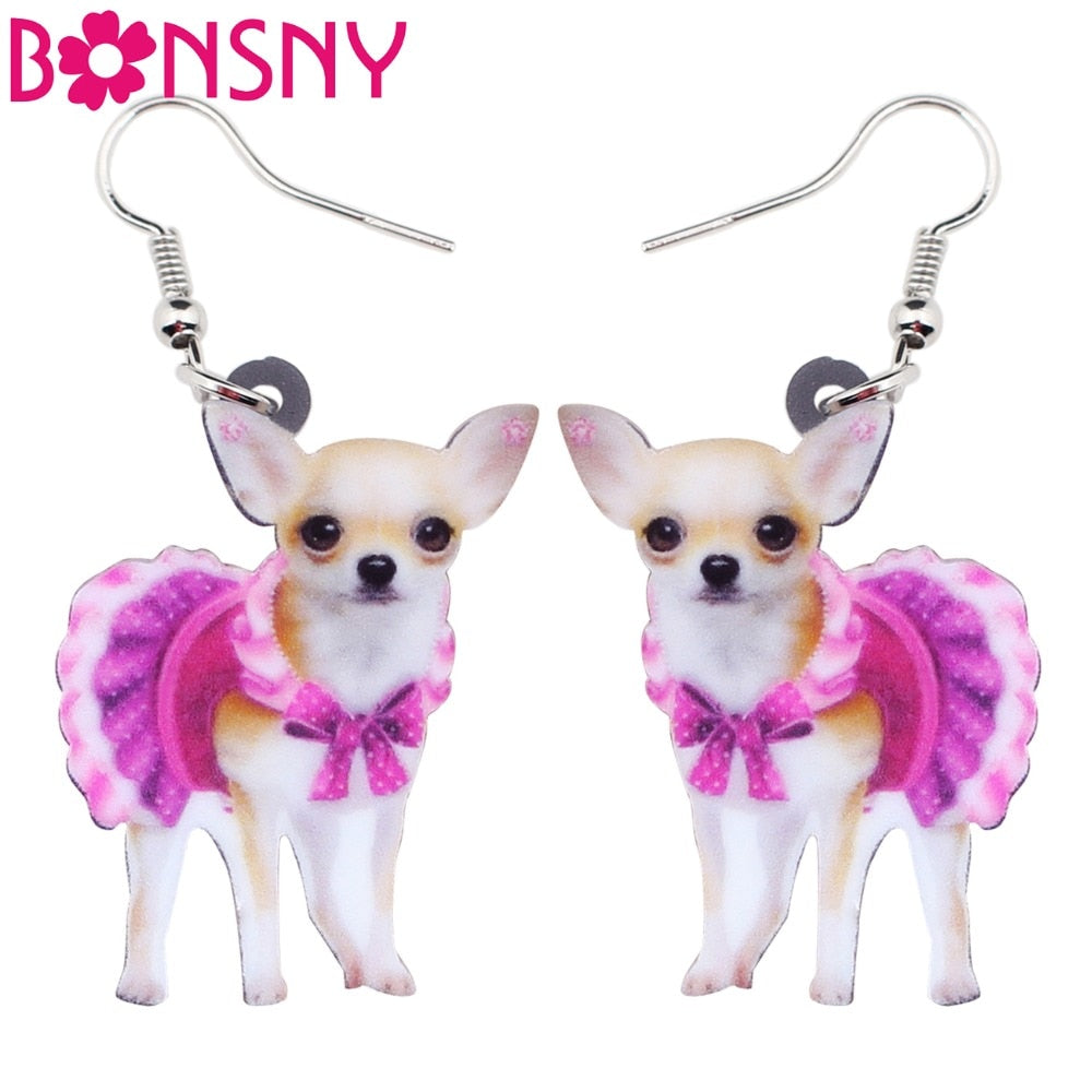 Christmas Gift Acrylic Pink Dress Chihuahua Dog Earrings Big Long Dangle Drop Animal Jewelry For Girls Women Ladies Teen Accessories Pet