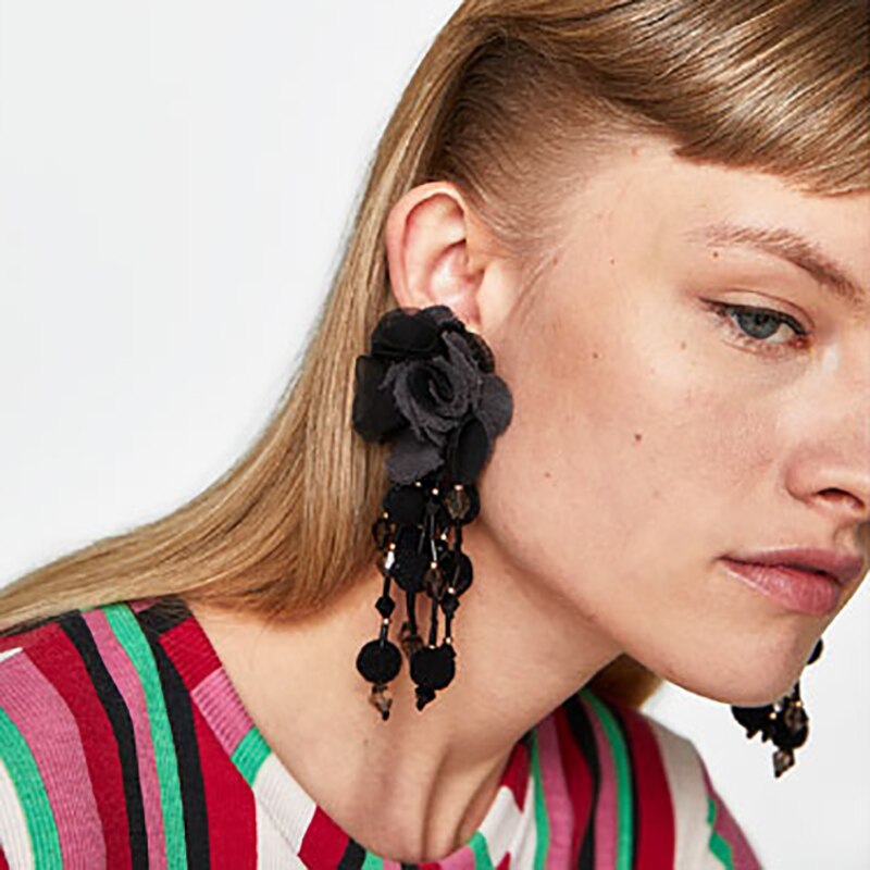 AVEURI  Bohemian Long Flower Earrings Pom Pom Big Statement Earrings Fringe Drop Earrings Women Jewelry