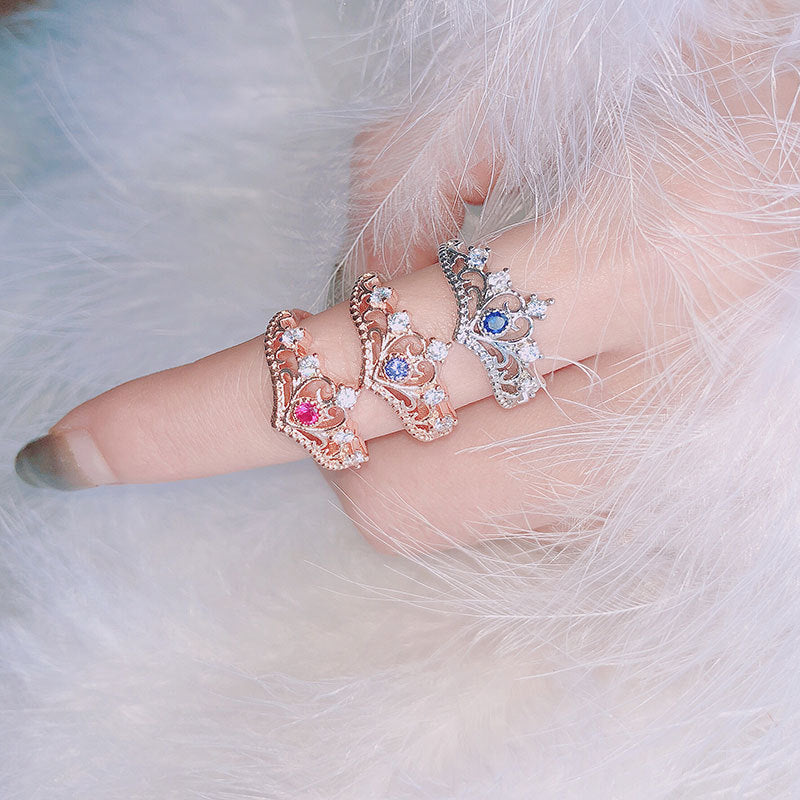 Aveuri Rings For Women Luxury Hollow Out Princess Crown Blue Purple Red Zircon Rose Gold Silver Color Fashion Jewelry KBR212