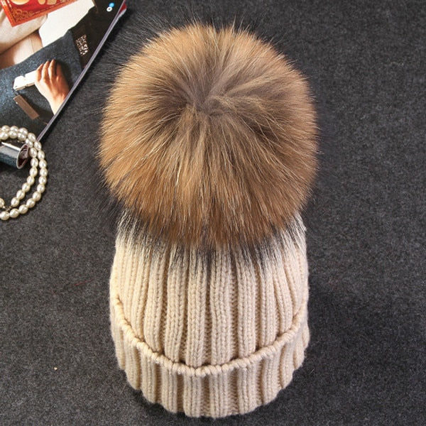 Christmas Gift Xthree Natural Mink Fur Winter Hat for Women Girl 's Hat Knitted Beanies Hat With Pom Pom Brand Thick Female Cap Skullies Bonnet