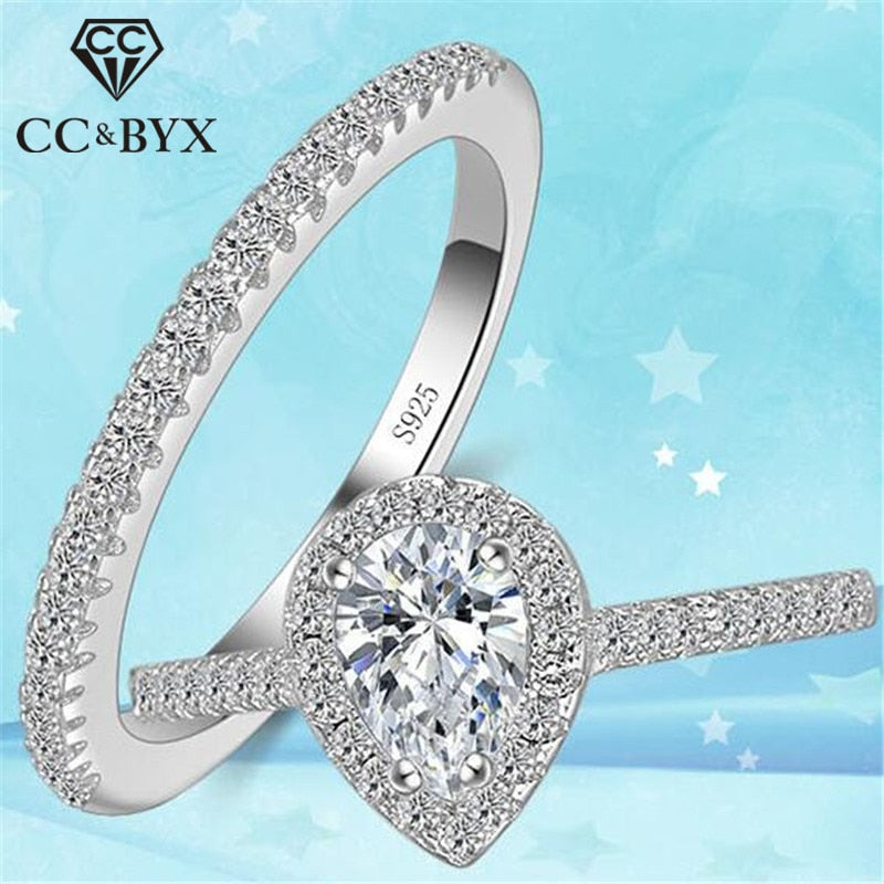 Christmas Gift Double Rings For Women  Water Drop White/Pink Luxury Ringen Bridal Wedding Jewelry Engagement Cincin Wanita CC775