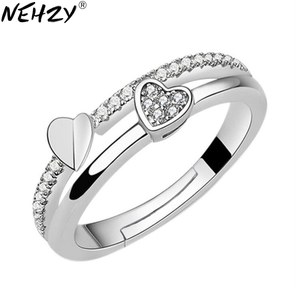 Christmas Gift alloy New Woman Cubic zirconia silver ring opening the adjustable ring asymmetrical heart-shaped jewelry