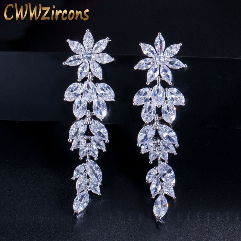 Christmas Gift Luxury Marquise Cluster Flower Shape Cubic Zirconia Long Dangle Drop Earrings for Brides Wedding Jewelry CZ432