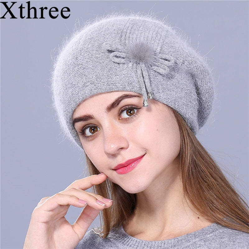 Christmas Gift Winter Beret Hat for Women Knitted Hat Rabbit fur Beret for Girl Solid Colors Fashion Lady Cap Good Quality