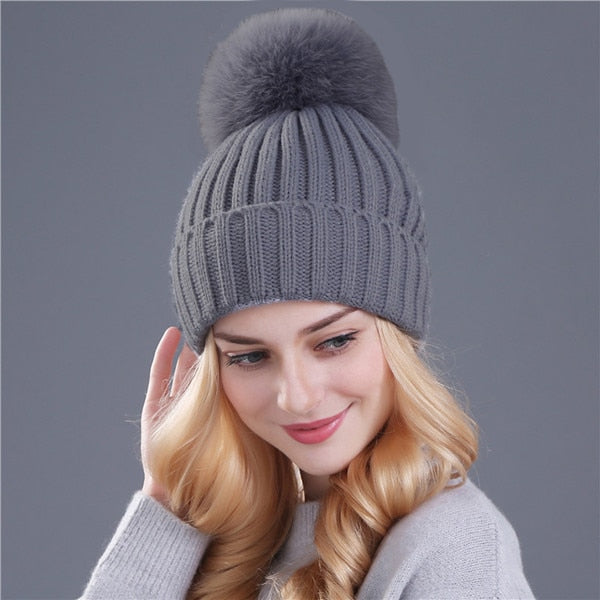 Christmas Gift Xthree Natural Mink Fur Winter Hat for Women Girl 's Hat Knitted Beanies Hat With Pom Pom Brand Thick Female Cap Skullies Bonnet