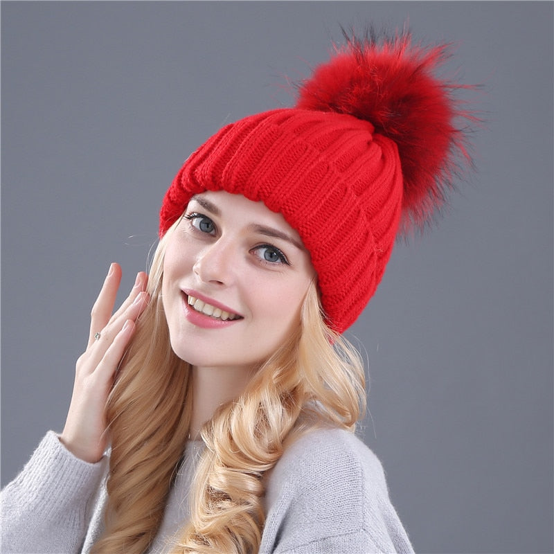 Christmas Gift Xthree Natural Mink Fur Winter Hat for Women Girl 's Hat Knitted Beanies Hat With Pom Pom Brand Thick Female Cap Skullies Bonnet