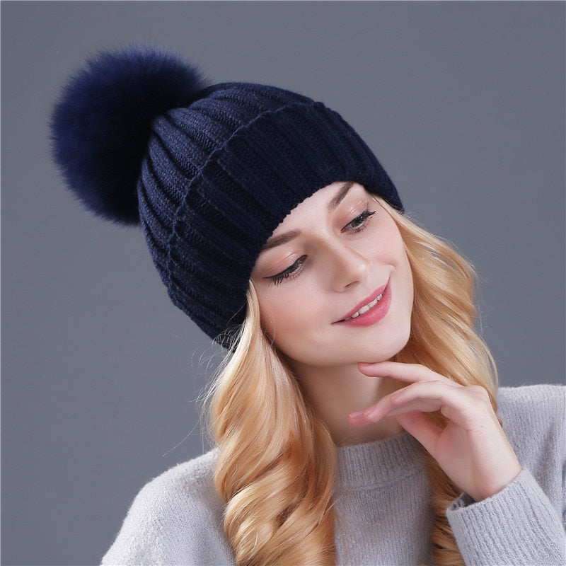 Christmas Gift Xthree Natural Mink Fur Winter Hat for Women Girl 's Hat Knitted Beanies Hat With Pom Pom Brand Thick Female Cap Skullies Bonnet