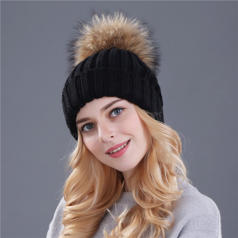 Christmas Gift Xthree Natural Mink Fur Winter Hat for Women Girl 's Hat Knitted Beanies Hat With Pom Pom Brand Thick Female Cap Skullies Bonnet