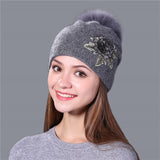 Christmas Gift Female winter hat fashion embroidery knitted beanie hat for women real fox fur pom pom wool hat Skullie hat girls gorro