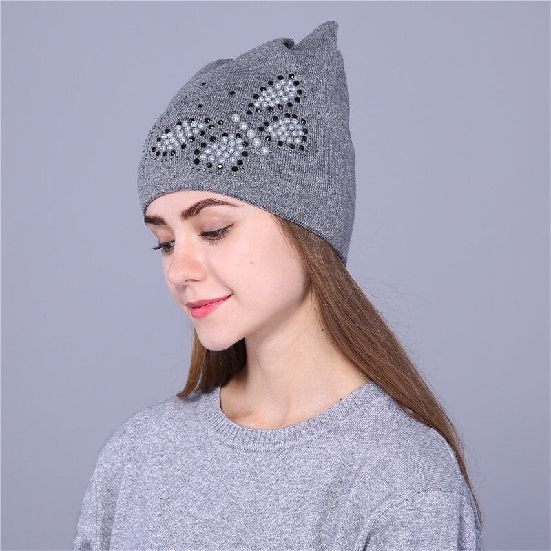 Christmas Gift Autumn winter hat for women knitted beanies hat cat ear stylish cap Butterfly 2021 new fashion lovely cap