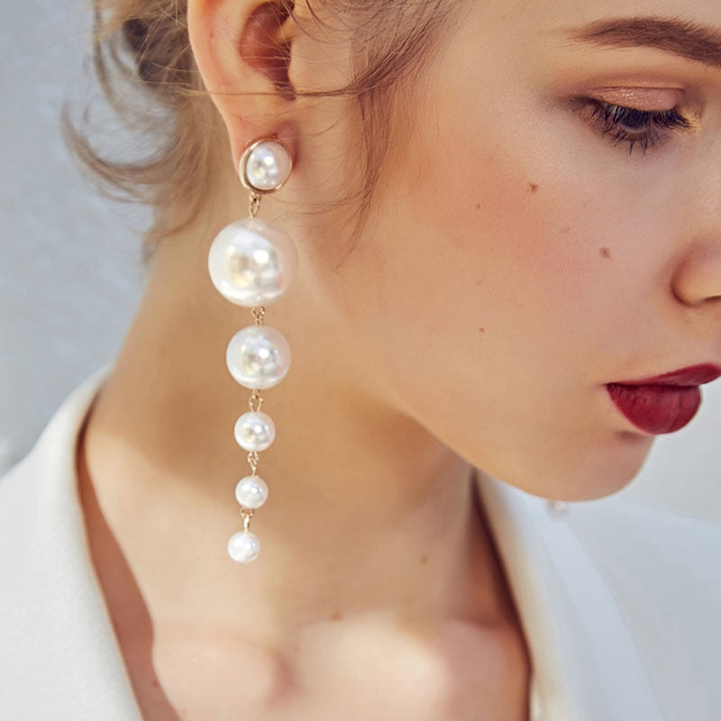 Trendy Elegant Created Big Simulated Pearl Long Earrings Pearls String Statement clip on earrings for women Wedding Party Gift