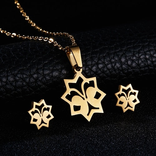 Christmas Gift RINHOO Flower Gold Color Stainless Steel Sets For Women Smile Face Butterfly Fish Bone Necklace Earring Set Wedding Jewelry