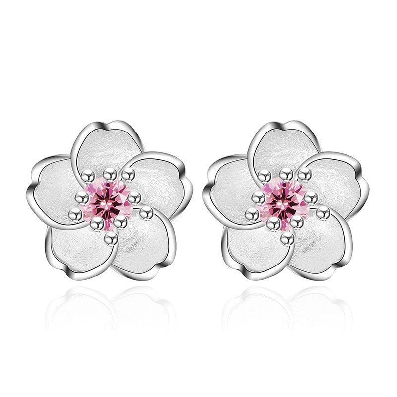 Christmas Gift Cherry Flower Blossoms Flower Crystal Stud Earrings Silver Color Ear Studs Women's Fine Jewelry Mother's day Birthday Gift