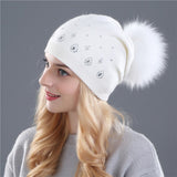 Christmas Gift Women Winter Beanies Hat for Women Shining Rhinestone Cashmere Wool Knitted Hat The Female Winter Hat Fur Pom Pom