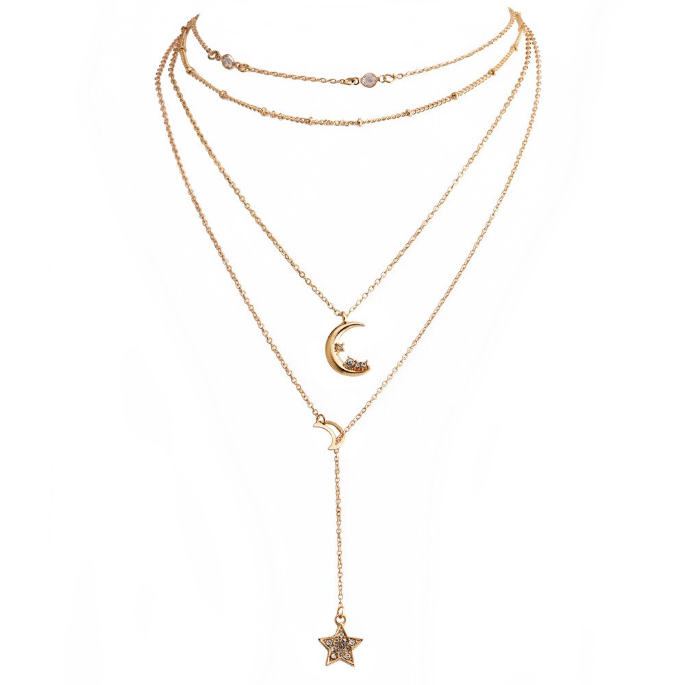 Tocona Vintage Bohemia Multilayer Star Moon Crystal Long Pendant Necklace For Women Gold Color Clavicular chain Jewelry 5813