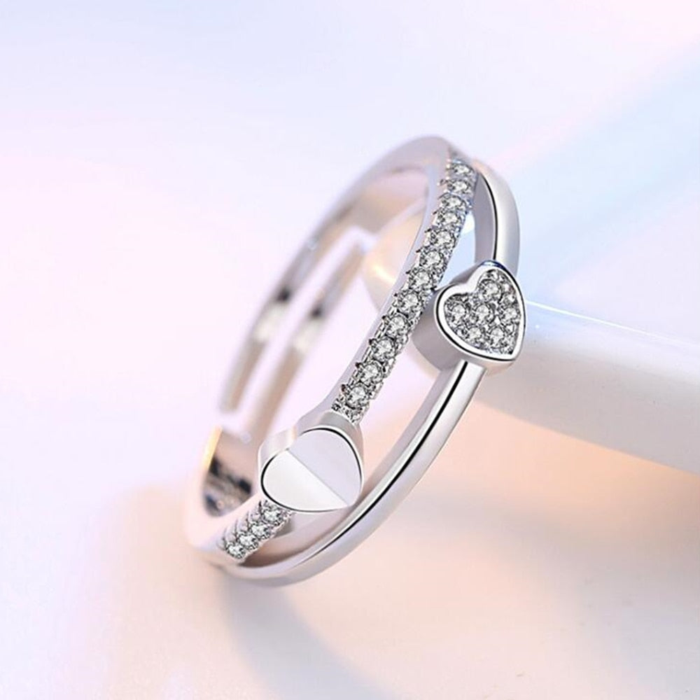 Christmas Gift alloy New Woman Cubic zirconia silver ring opening the adjustable ring asymmetrical heart-shaped jewelry