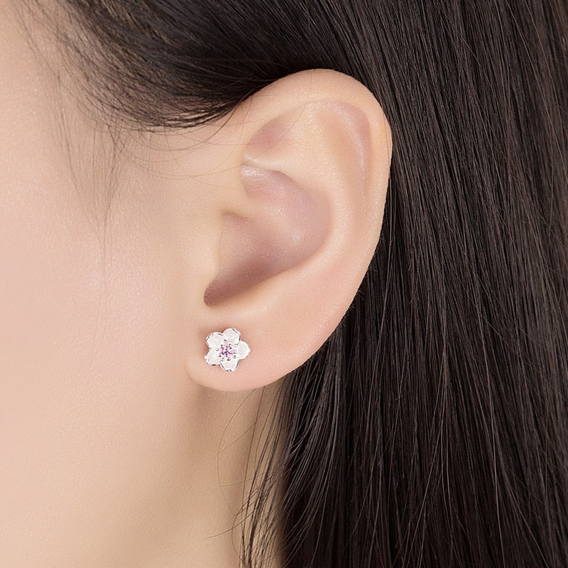 Christmas Gift Cherry Flower Blossoms Flower Crystal Stud Earrings Silver Color Ear Studs Women's Fine Jewelry Mother's day Birthday Gift