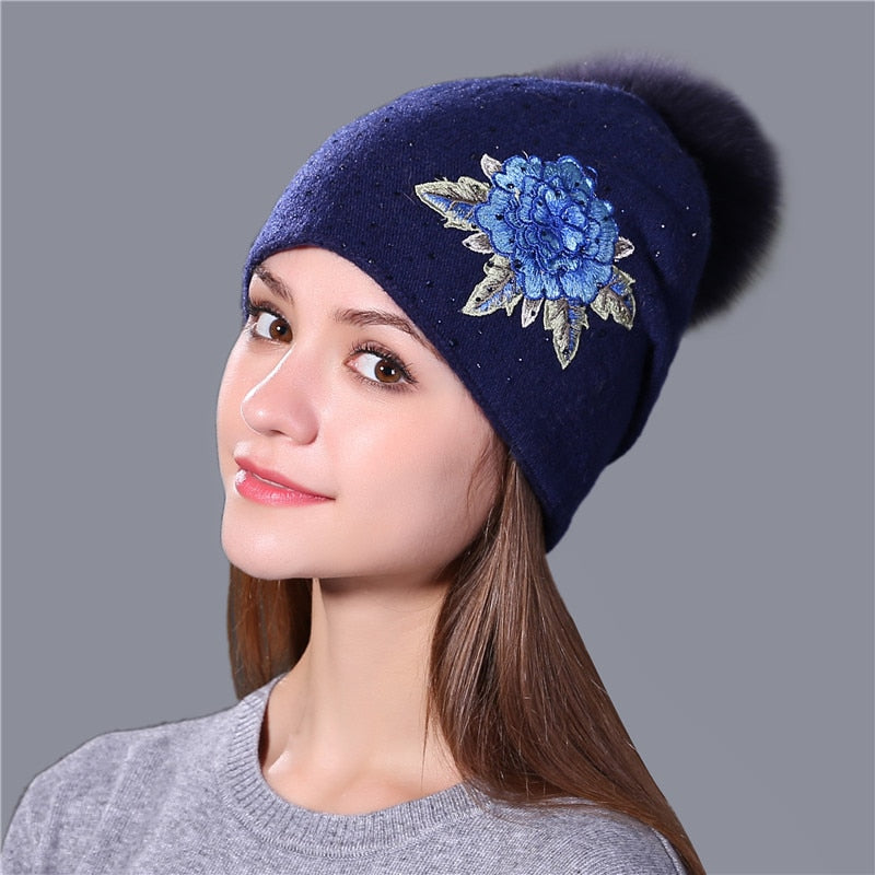 Christmas Gift Female winter hat fashion embroidery knitted beanie hat for women real fox fur pom pom wool hat Skullie hat girls gorro