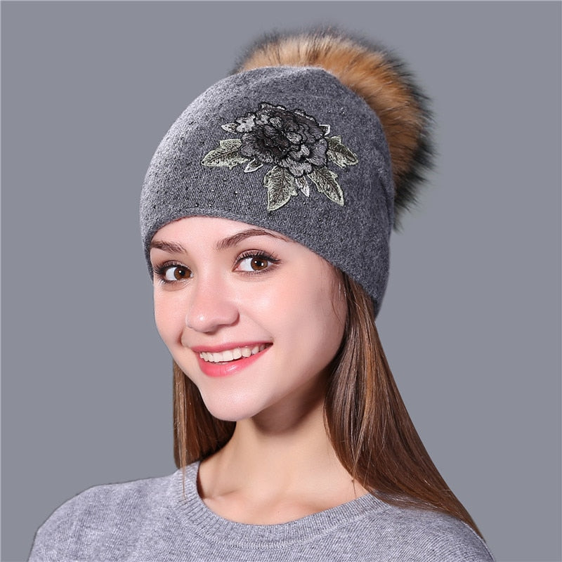 Christmas Gift Female winter hat fashion embroidery knitted beanie hat for women real fox fur pom pom wool hat Skullie hat girls gorro