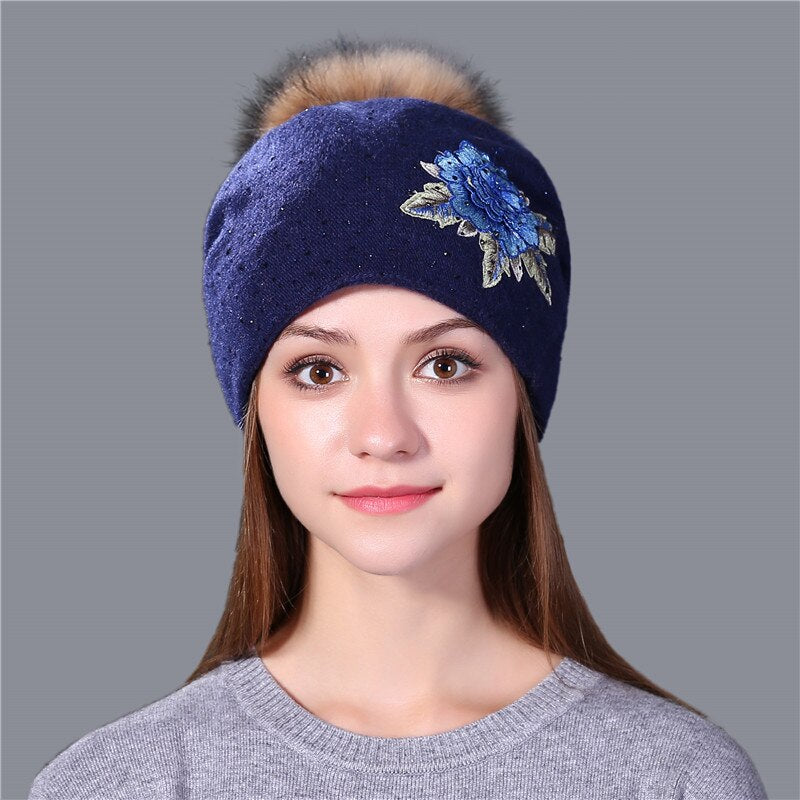 Christmas Gift Female winter hat fashion embroidery knitted beanie hat for women real fox fur pom pom wool hat Skullie hat girls gorro