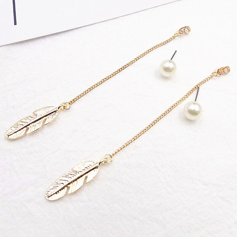 Christmas Gift Hot Simulated Pearls Long Tassel Dangle Earrings For Women Leaf Feather Drop Brincos Bijoux boucle d'oreille Jewelry Earring